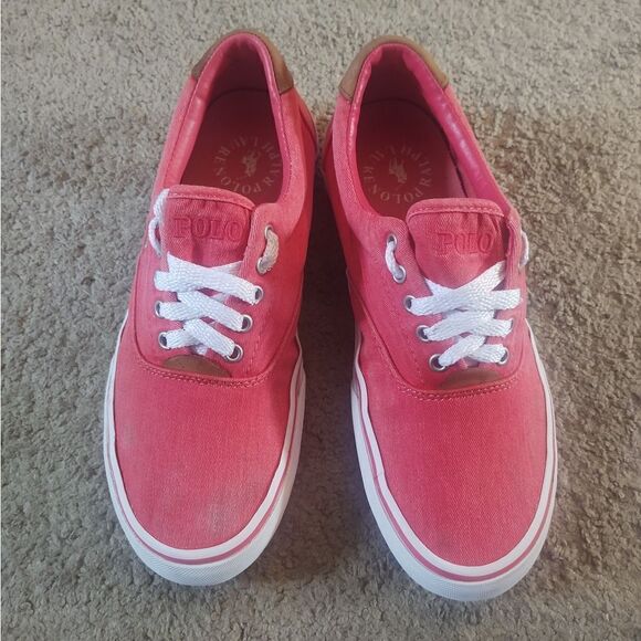Polo Ralph Lauren Thorton Washed Twill/Leather Red Sneakers Mens SZ 8 PRE-OWNED - Picture 2 of 6
